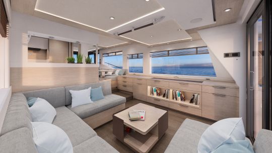 Un grand salon à l'arrière du Grand Trawler 62