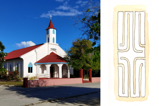 L'église de Rotoava et un motif polynésien sur ses murs ©Julie Leveugle