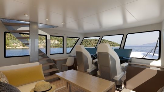 La timonerie sert de lien entre le pont principal et le pont inférieur ou le flybridge