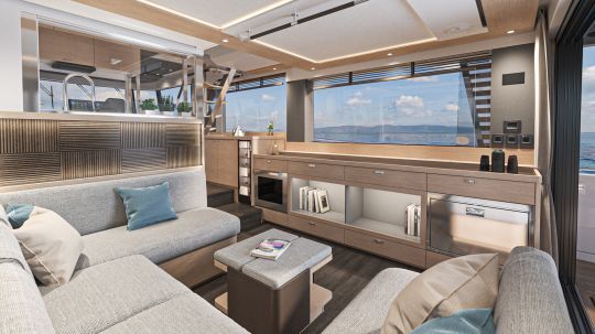 Le grand salon du Swift Trawler 54, placé en avant du cockpit